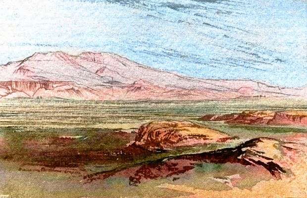 Sketch of a dun-green plain with mountains in the distance: northern Continent 8 on Pegasia, an earthlike moon with shallow seas. Sketch by Wayan based on a watercolor by Edward Lear.