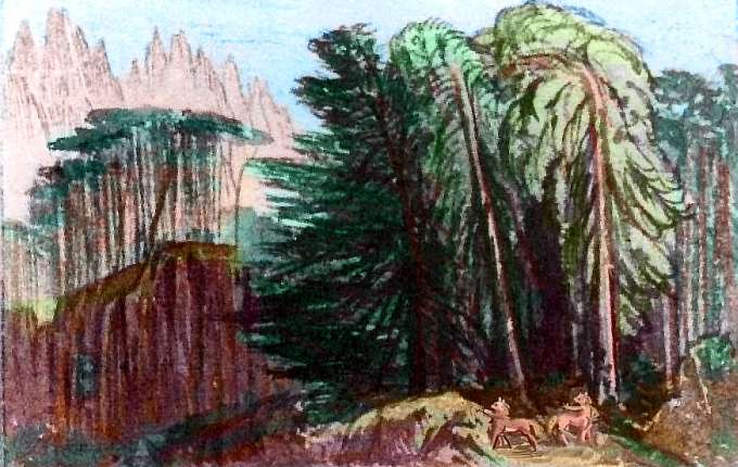 Sketch of forested hills and crags, northwest coast of Continent 8 on Pegasia, an earthlike moon with shallow seas. Sketch by Wayan based on a watercolor by Edward Lear.