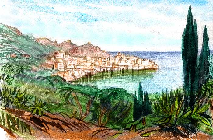 Sketch of a port with domes on a bay and small point; green Mediterranean hills above. Based on a watercolor by Edward Lear.