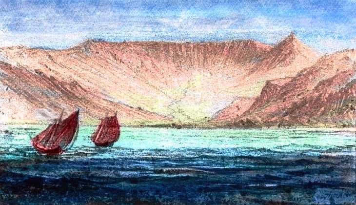 Sketch of two small sailing ships in deep water; high red rocky headland in distance. Western Continent 8 on Pegasia, an earthlike moon with shallow seas. Sketch by Wayan based on a watercolor by Edward Lear.
