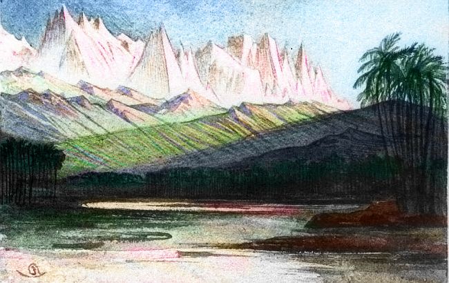 Sketch of jagged, angular, snowy mountains above a tropical lake or bay. Based on a watercolor by Edward Lear.