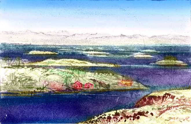 Sketch of many green isles with small red houses in deep dark water. Eastern sounds of Continent 9 on Pegasia, an Earthlike moon. Based on a watercolor by Edward Lear.