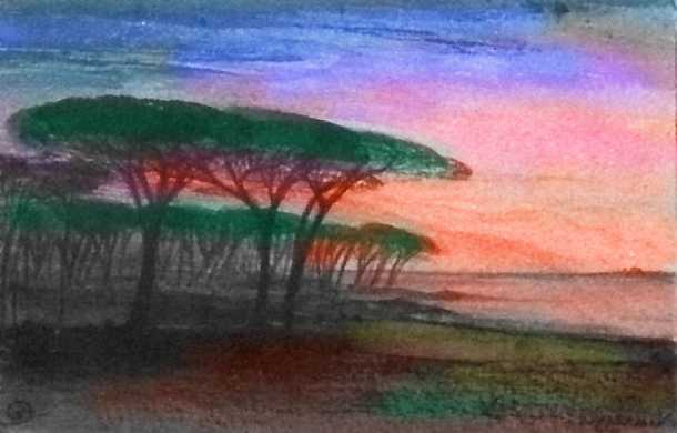 Sketch of sunset on a beach; black pines silhouetted. West coast of Continent 9 on Pegasia, an Earthlike moon. Based on a watercolor by Edward Lear.