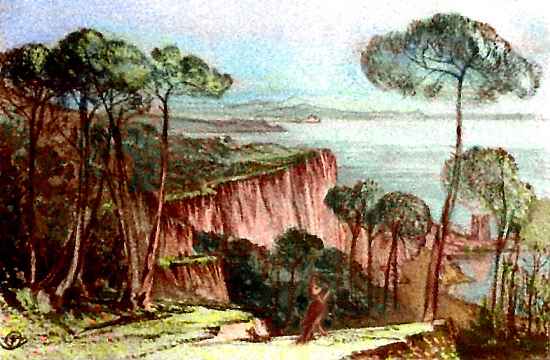Sketch of wooded coastal heads and cliffs; long cape in distance. Northeast Continent 9 on Pegasia, an Earthlike moon. Based on a watercolor by Edward Lear.