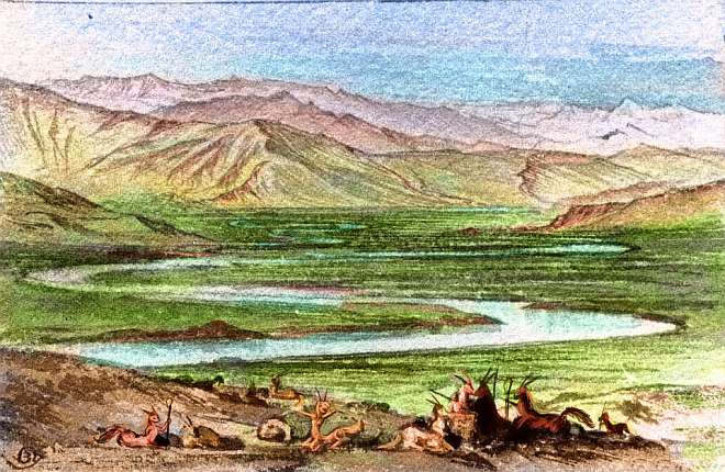 Sketch of winding river on green treeless prairie; bare mountains around. Small horned quadrupeds appear to be putting on packs. Central Continent 9 on Pegasia, an Earthlike moon. Based on a watercolor by Edward Lear.