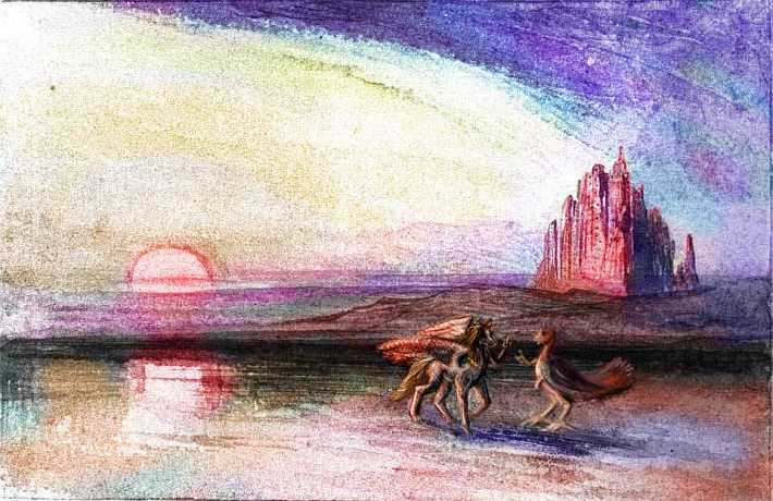 Winged centauroid and velociraptor converse on the shore of a desert lake. Setting sun and tufa tower riddled with holes in background. Lake One, Western Continent 9, on Pegasia, an Earthlike moon.