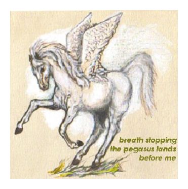 painting of a pegasus by Janet Pierkarski with a haiku by Roswila: 'breath stopping / the Pegasus lands / before me'. Both are based on a dream by Roswila.