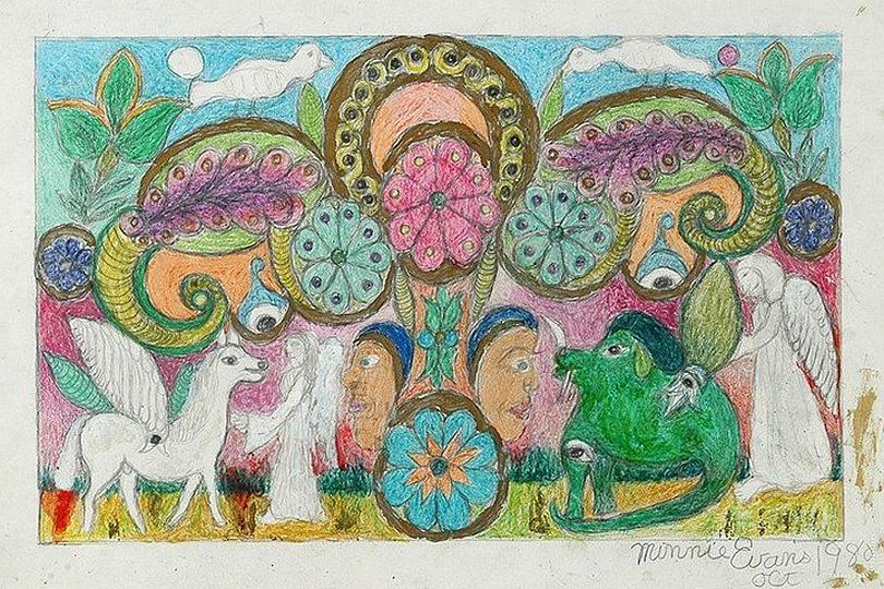 Pegasus in garden with green beast and angels. Untitled 1980 dream painting by Minnie Evans
