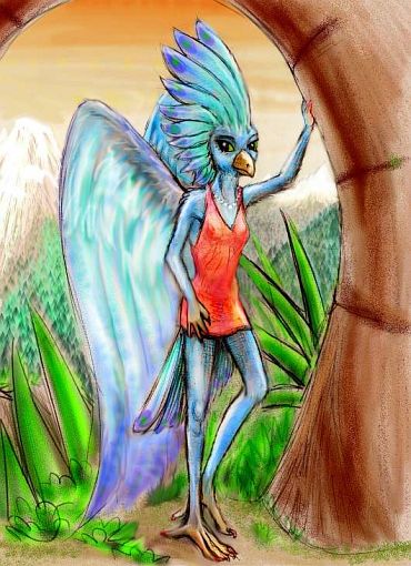 sketch of a blue-feathered Aviatric in a red tunic, leaning against a stone arch. Native of northern Continent 8 on Pegasia, an Earthlike moon.
