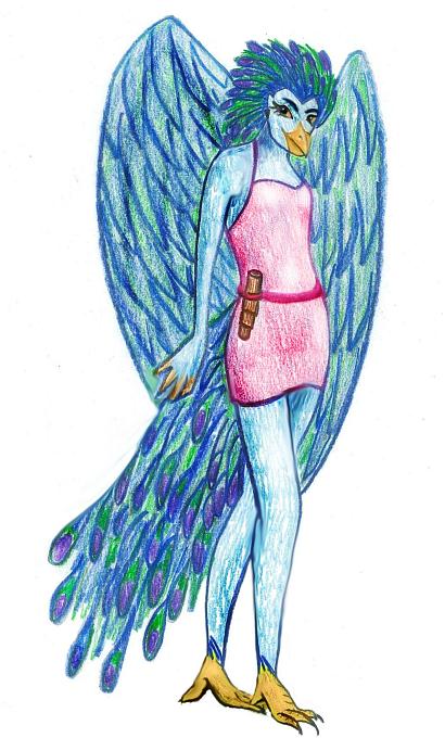 Figure-sketch by Erik Edler of an Aviatrica, a winged, beaked birdwoman native to Continent 8 on Pegasia, model of a large, warm, habitable moon.