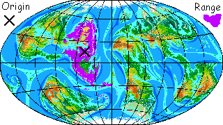 Map of habitat range of the Aviatrica, large birdlike people native to Continent 8 on Pegasia, model of a large, warm, habitable moon.