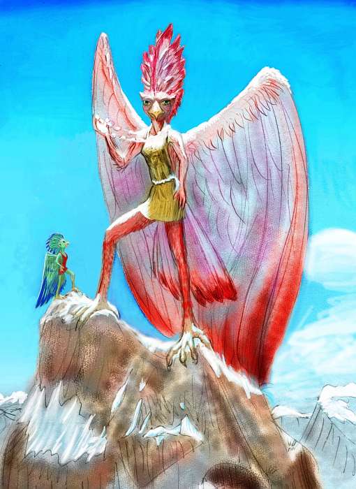 Figure-sketch by Chris Wayan of the colossal, painted, mountaintop statue of Thironu or Horizon-Seeker, a winged, beaked holy woman, on Continent 8 on Pegasia, model of a large, warm, habitable moon. Click to enlarge