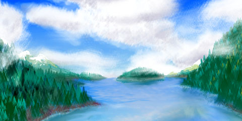 Sketch by Wayan of cloudy sound and evergreen snowcapped mountains. Southeast Continent 3 on Pegasia, an Earthlike moon.