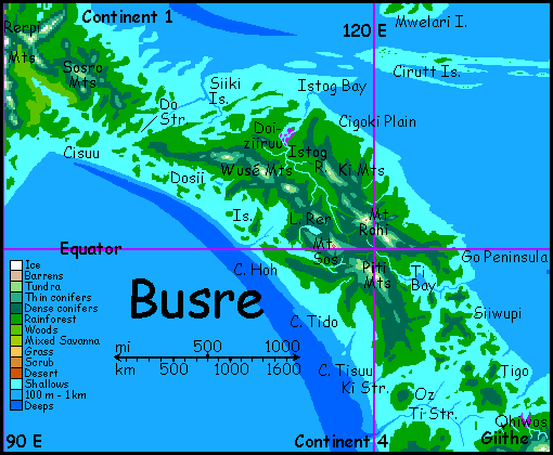 Map of Busre, the New Guinea-sized island between Continent 1 and Continent 4 on Pegasia, an Earthlike moon.