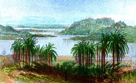 Palm trees above a harbor; craggy green islands in distance. The mid-oceanic Rift-Junction Isles, on Pegasia, an Earthlike moon.