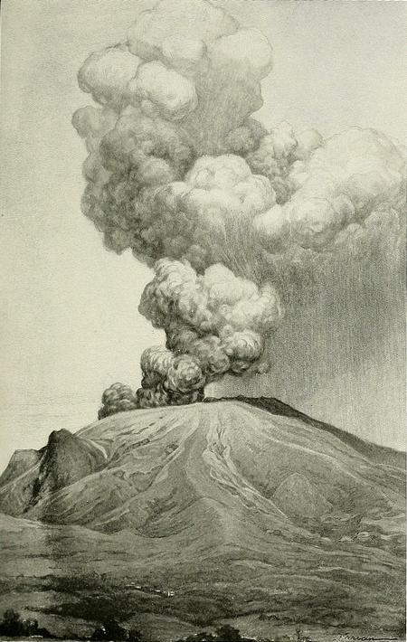 Mt Pelee eruption, May 1902, drawn by George Varian. Click to enlarge.