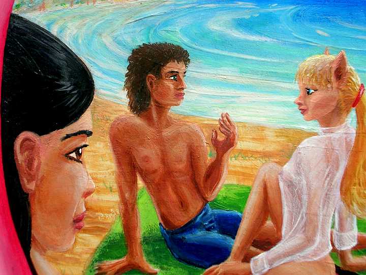 Painted beach scene. Asian girl lying on a towel gawks at a centaur-girl talking to a human-looking boy. Click to enlarge.