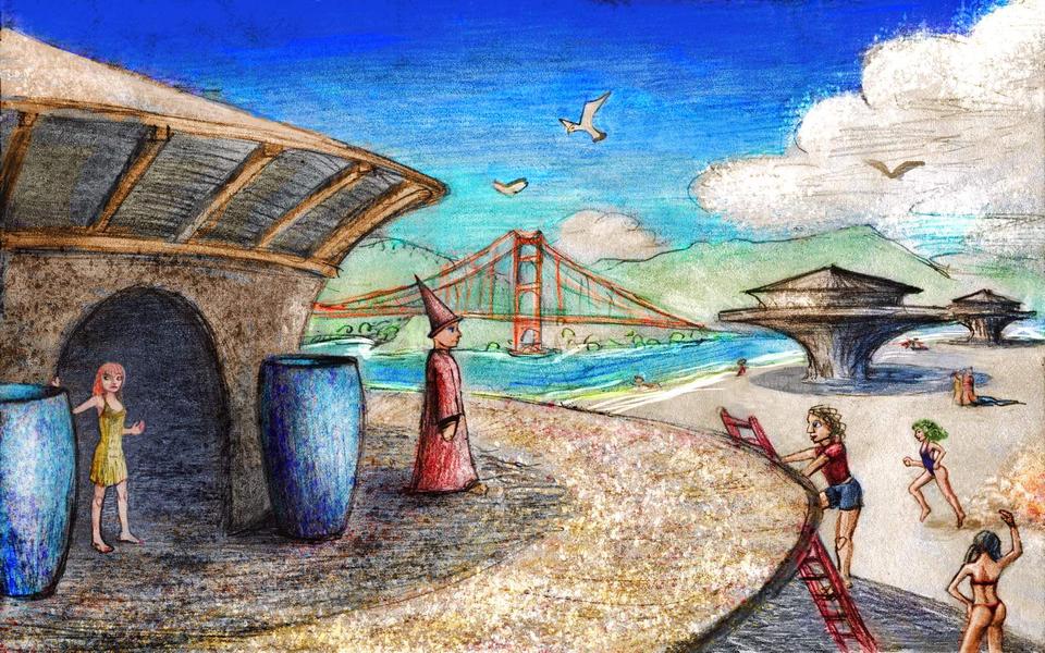 Home on a pedestal on a San Francisco beach. Dream sketch by Wayan. Click to enlarge.
