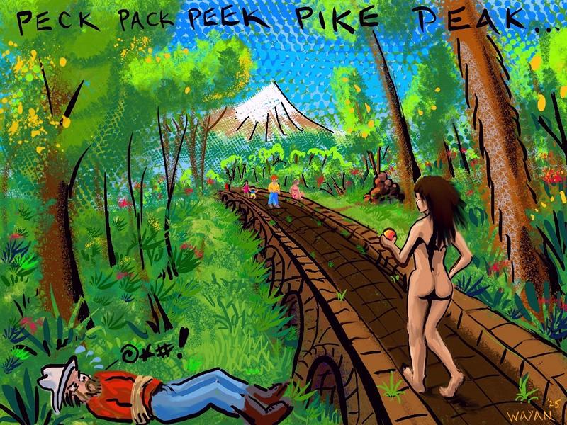I walk naked along an old aqueduct in the Hawaiian jungle, away from a tied-up cowboy. Pike's Peak on horizon. Dream sketch by Wayan. Click to enlarge.