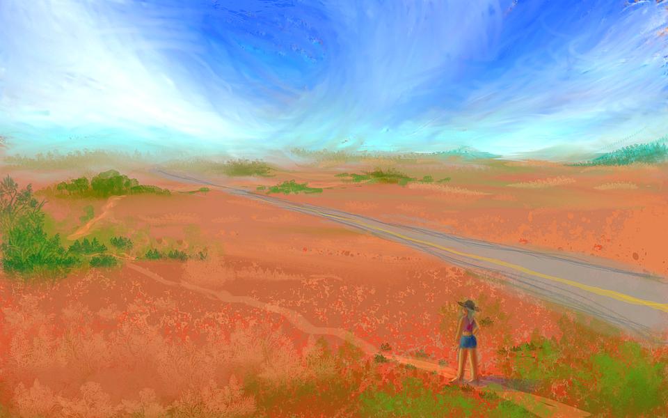 Silky, my anima, walks between oases. Dream sketch by Wayan. Click to enlarge.