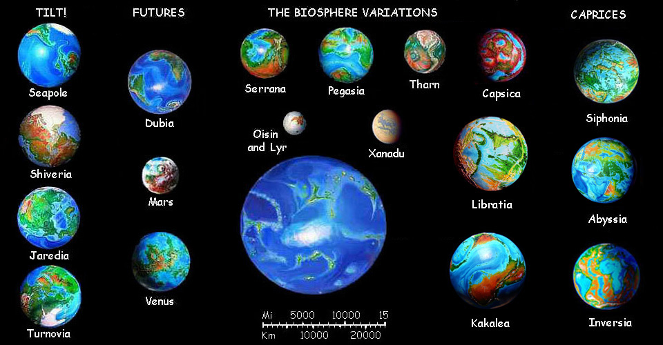 Photomontage by Wayan of 19 hypothetical planets and moons from space, ranging from 5000 to 30,000 km across.