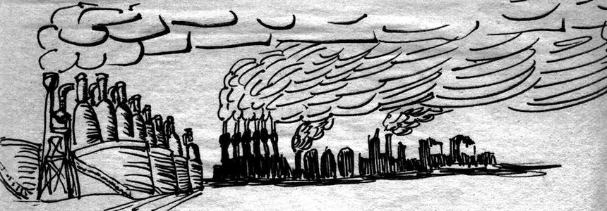Stacks pouring smoke. Dream sketch by Wayan. Click to enlarge.