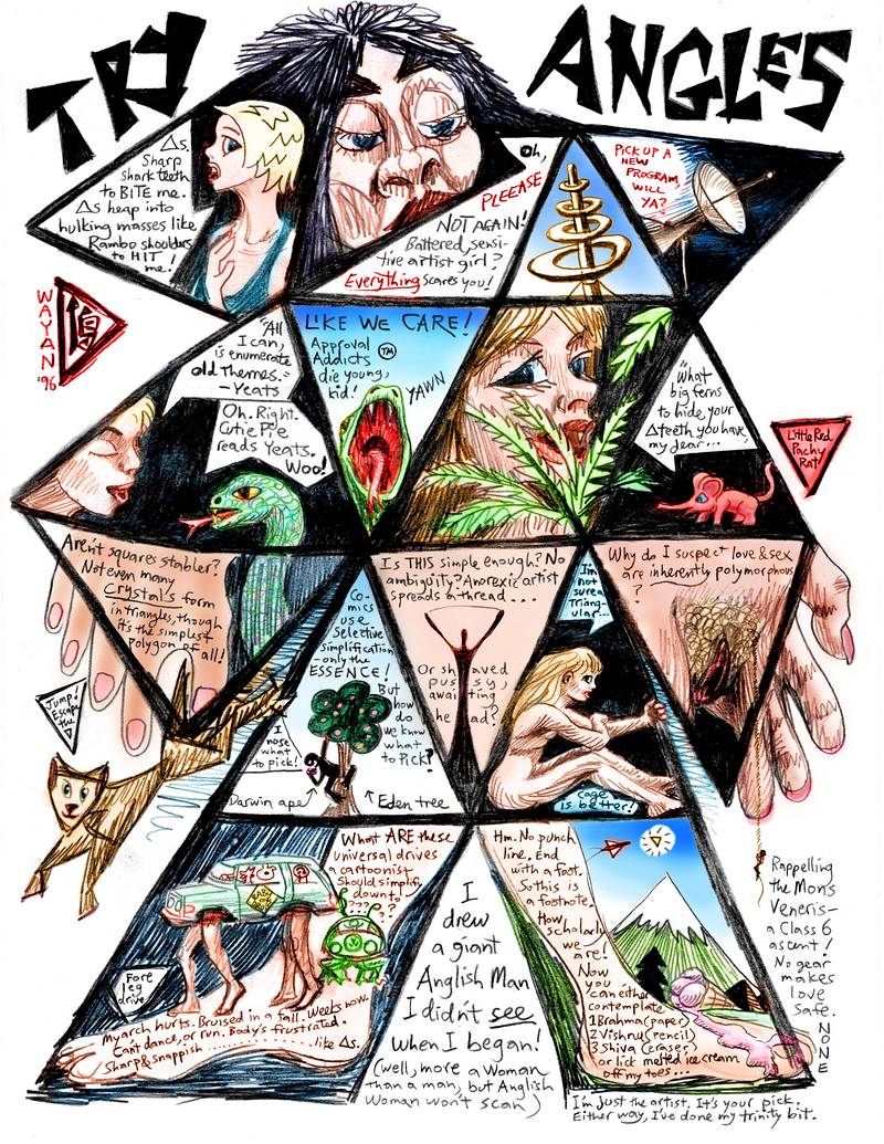 P.3 of 'Polygon Dreams', a comic with triangular panels titled 'Try Angles', by Wayan; click to enlarge