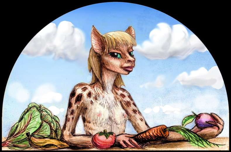 sketch of a dream by Wayan. A ponygirl, half equine half human, lays out vegetables on an outdoor table. Click to enlarge.