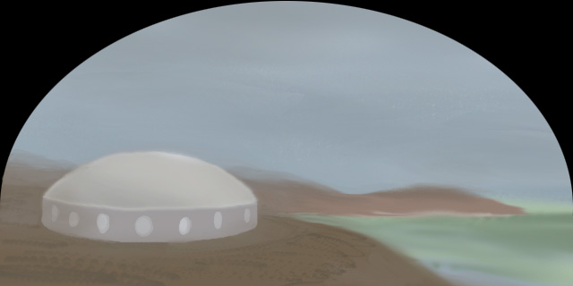 sketch of a dream by Wayan: the dome of Precambrian Station by a murky ancient sea under a gray sky.