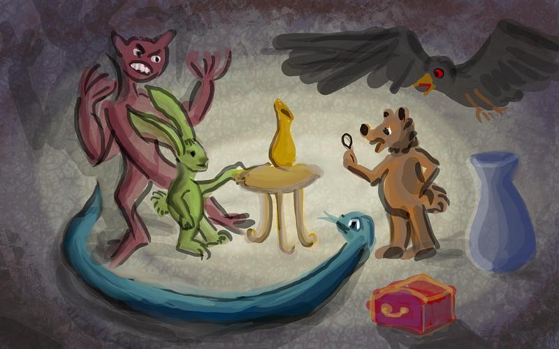 Cartoons on a train-tunnel wall. Animal archeologists? Dream sketch by Wayan. Click to enlarge.