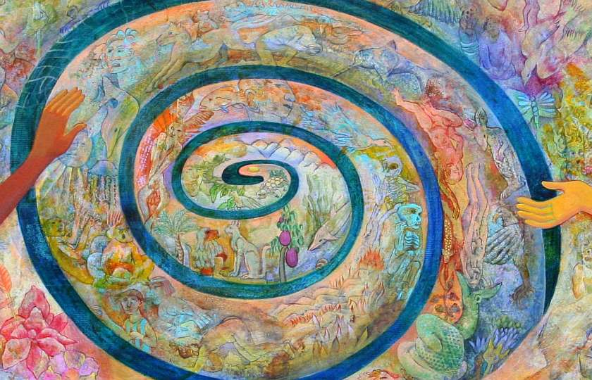 Detail of a dream painting by Jenny Badger Sultan. A huge spiral nautilus. Inside it are all the creatures and people of Earth.
