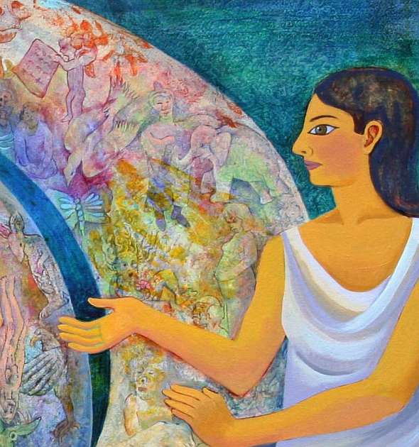 Detail of a dream painting by Jenny Badger Sultan. One of two women guarding the fate of the Earth. She's in a white robe, seen in profile, ancient Egyptian style.
