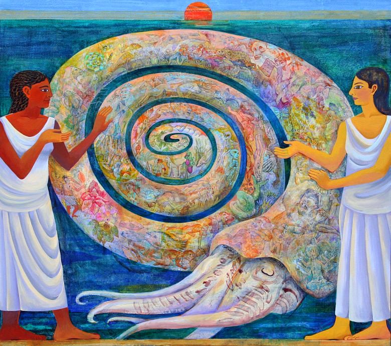 Painting of a dream by Jenny Badger Sultan. Two women steady a huge spiral nautilus that looks ill. Inside it are all the creatures on Earth. Click to enlarge.