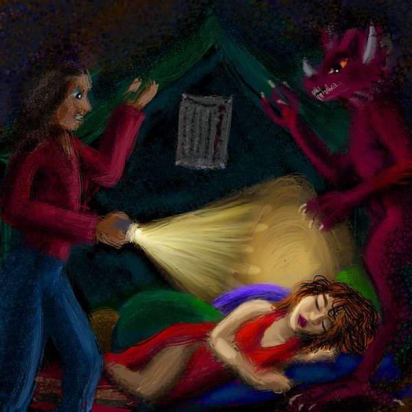 Man and demon find a woman sleeping in a cave. Dream sketch by Wayan; click to enlarge.