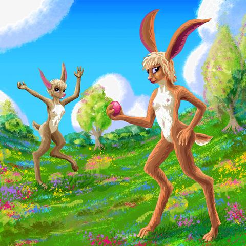 Easter Bunny girls in a meadow; pinuppy calendar. Dream sketch by Wayan. Click to enlarge.