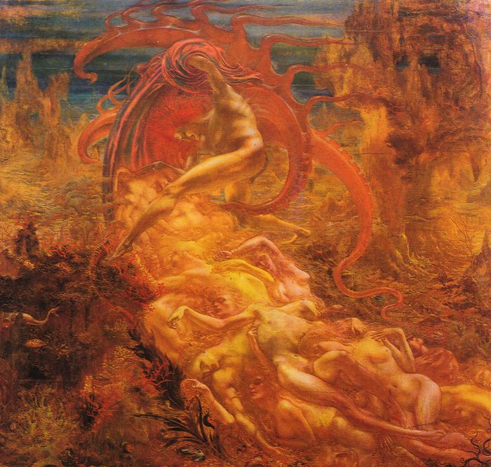 Painting 'Les Tresors de Satan' by Jean Delville; Lucifer and a lot of naked women in red and gold. Click to enlarge.