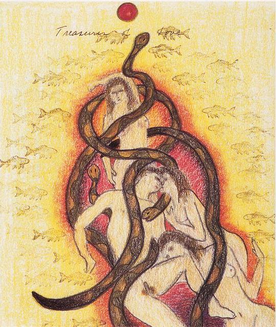 Snakes entwine a human orgy; dream-art by Katherine Metcalf Nelson.