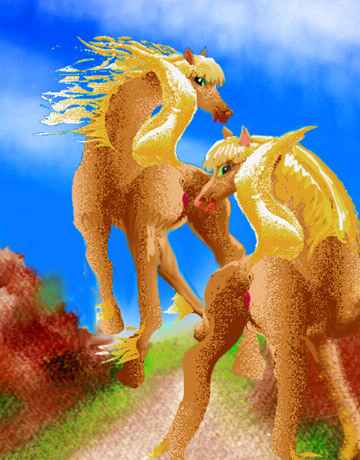 Dream: two blonde mares climb rocks.