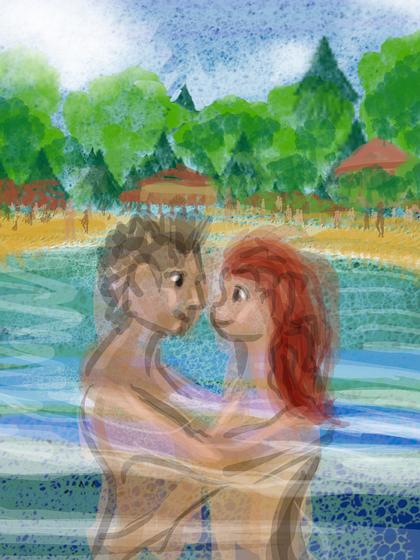 Lovers embrace neck-deep in a lake. Dream sketch by Wayan. Click to enlarge.