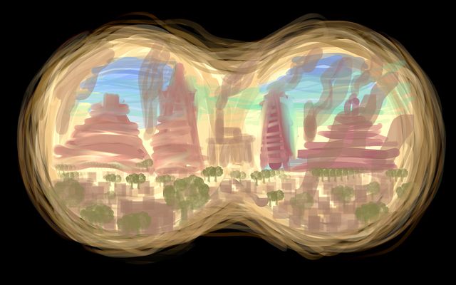 Smoggy pyramid-city seen through binoculars. Dream sketch by Wayan.