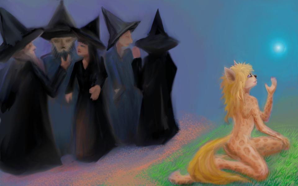 Wizards in a group; me, a shaman, alone. Dream sketch by Wayan. Click to enlarge.