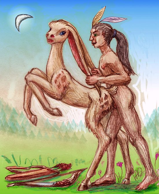 Human hunter mates with Rabbit-Eared Doe. Dream sketch by Wayan. Click to enlarge.