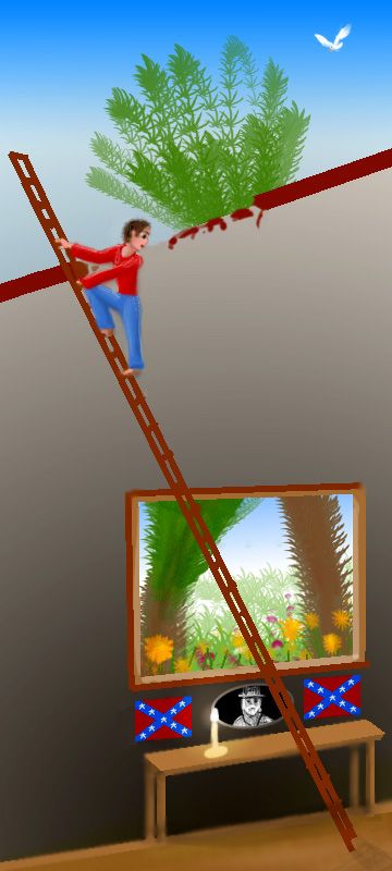 Digital sketch of a dream by Wayan. A boy on a high ladder rising through a hole in the roof; at foot, a small shrine with candles, Confederate flags and a portrait of Jefferson Davis.