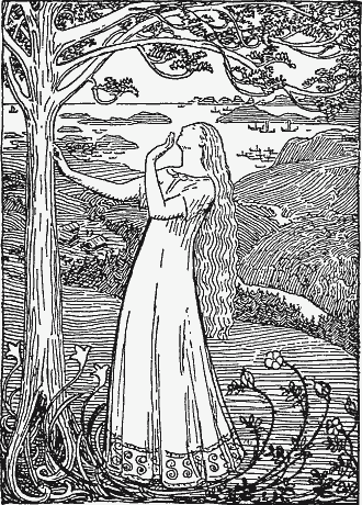 Medieval woodcut of a Queen Ragnhild's Dream: a woman in a white gown stares into a tree whose roots are twining briars
