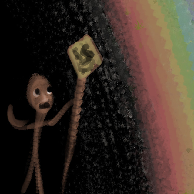 Digital sketch of a dream by Chris Wayan: a haggard man carries an old roadsign from a tunnel whose mouth was once painted rainbow colors, now faded.