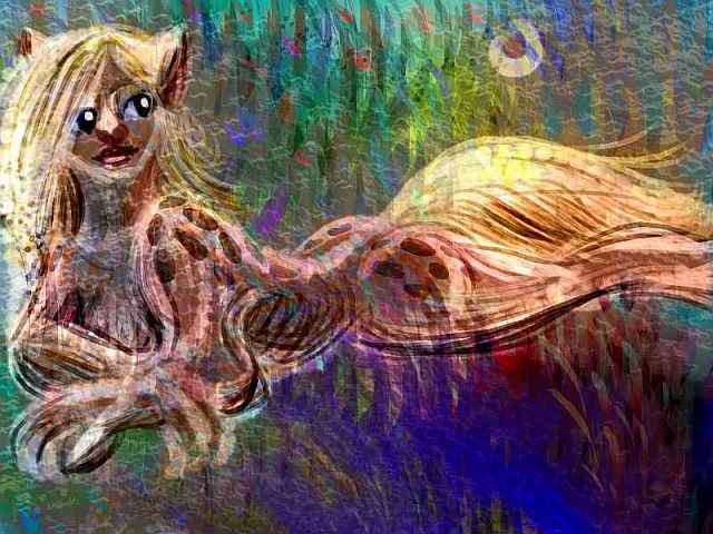 Digital sketch of a catgirl lying prone, propped up on elbows. Background of opalescent ripples. Click to view.