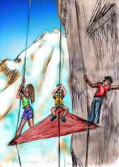 Dream: our rappel-mad sister pulls us up a great cliff on a triangular platform.