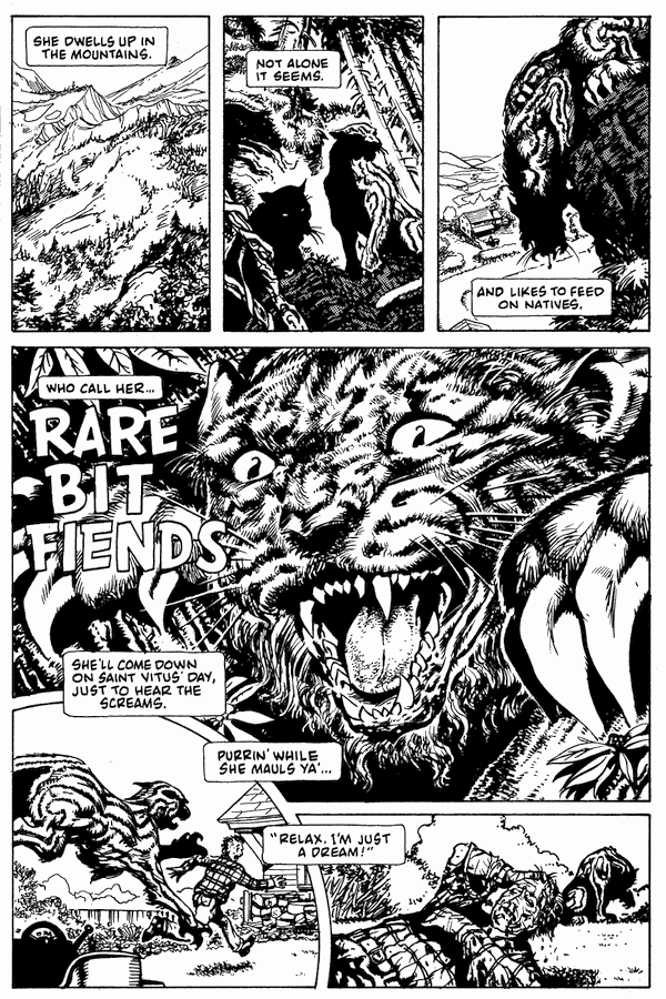The savage cat called 'Rare Bit Fiends' comes out of the hills to maul dreamers; dream-comic by Rick Veitch. Click to enlarge.