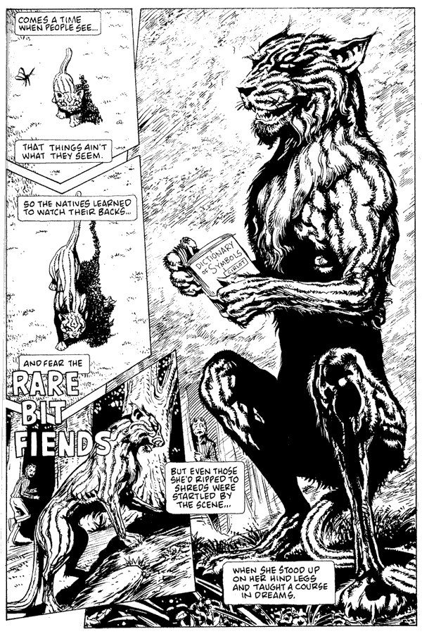 The savage cat called 'Rare Bit Fiends' comes out of the hills to lead a dream workshop?! Dream-comic by Rick Veitch. Click to enlarge.