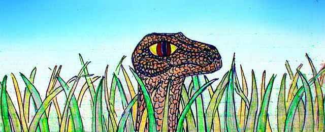 giant rattler head rising from the grass; dream sketch by Wayan